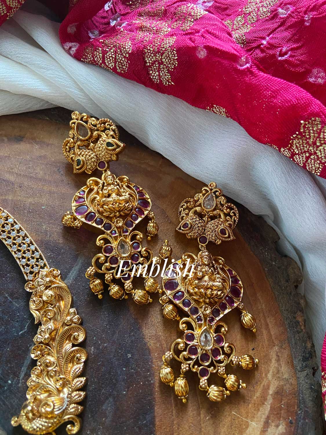 Antique Gold alike  Lakshmi with Double Peacock Neckpiece - Red